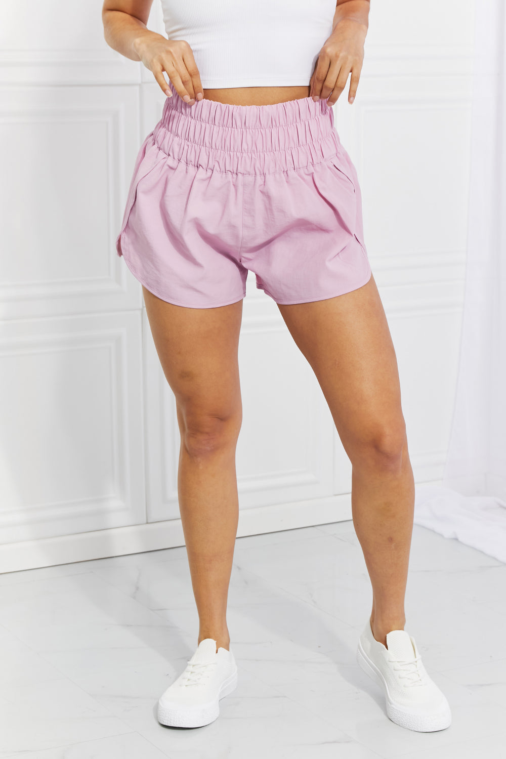 Zenana Cross Country Smocked Waist Running Shorts in Pink - Cheeky Chic Boutique