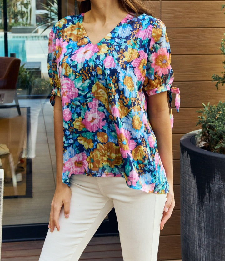 Petal Dew Full Size Floral V-Neck Tie Detail Blouse - Cheeky Chic Boutique