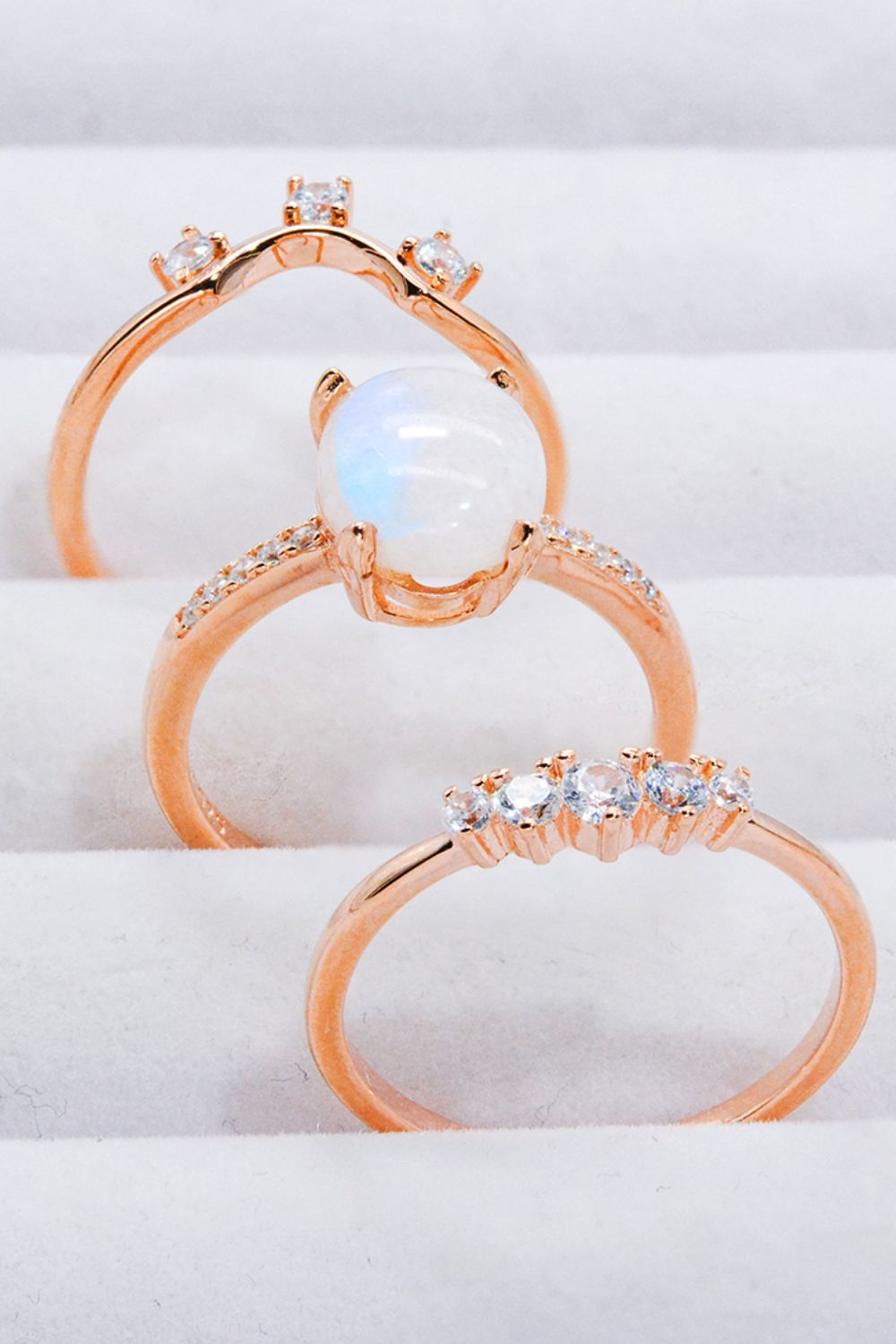 Natural Moonstone and Zircon Three-Piece Ring Set - Cheeky Chic Boutique