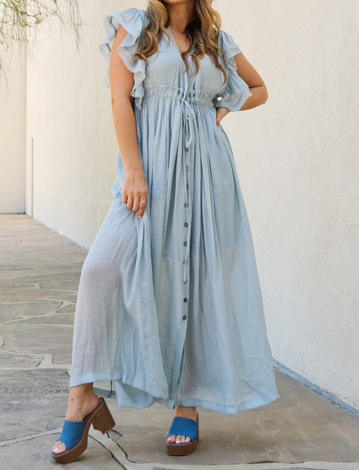 Sweet Lovely By Jen Full Size Drawstring Deep V Butterfly Sleeve Maxi Dress - Cheeky Chic Boutique