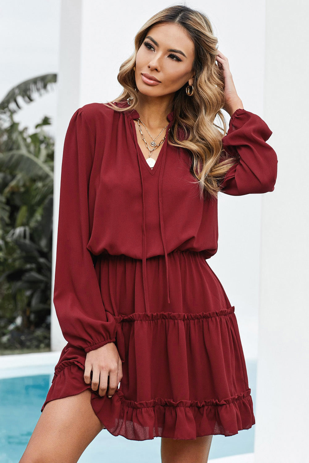 Tied Frill Trim Puff Sleeve Mini Dress - Cheeky Chic Boutique