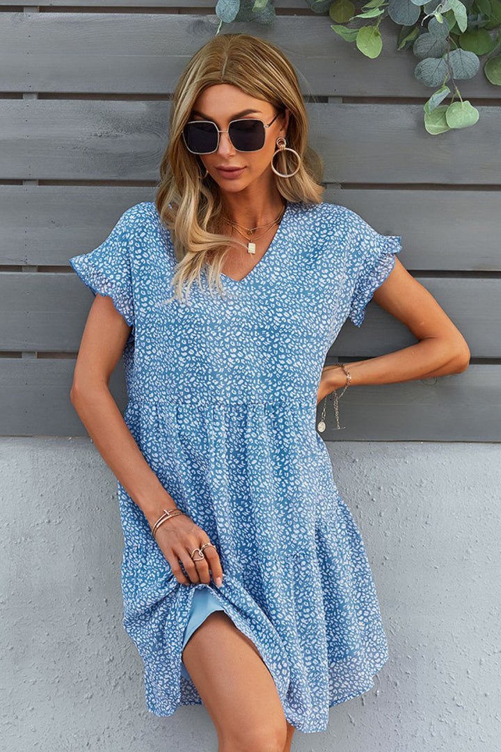 Printed V-Neck Short Sleeve Tiered Dress - Cheeky Chic Boutique
