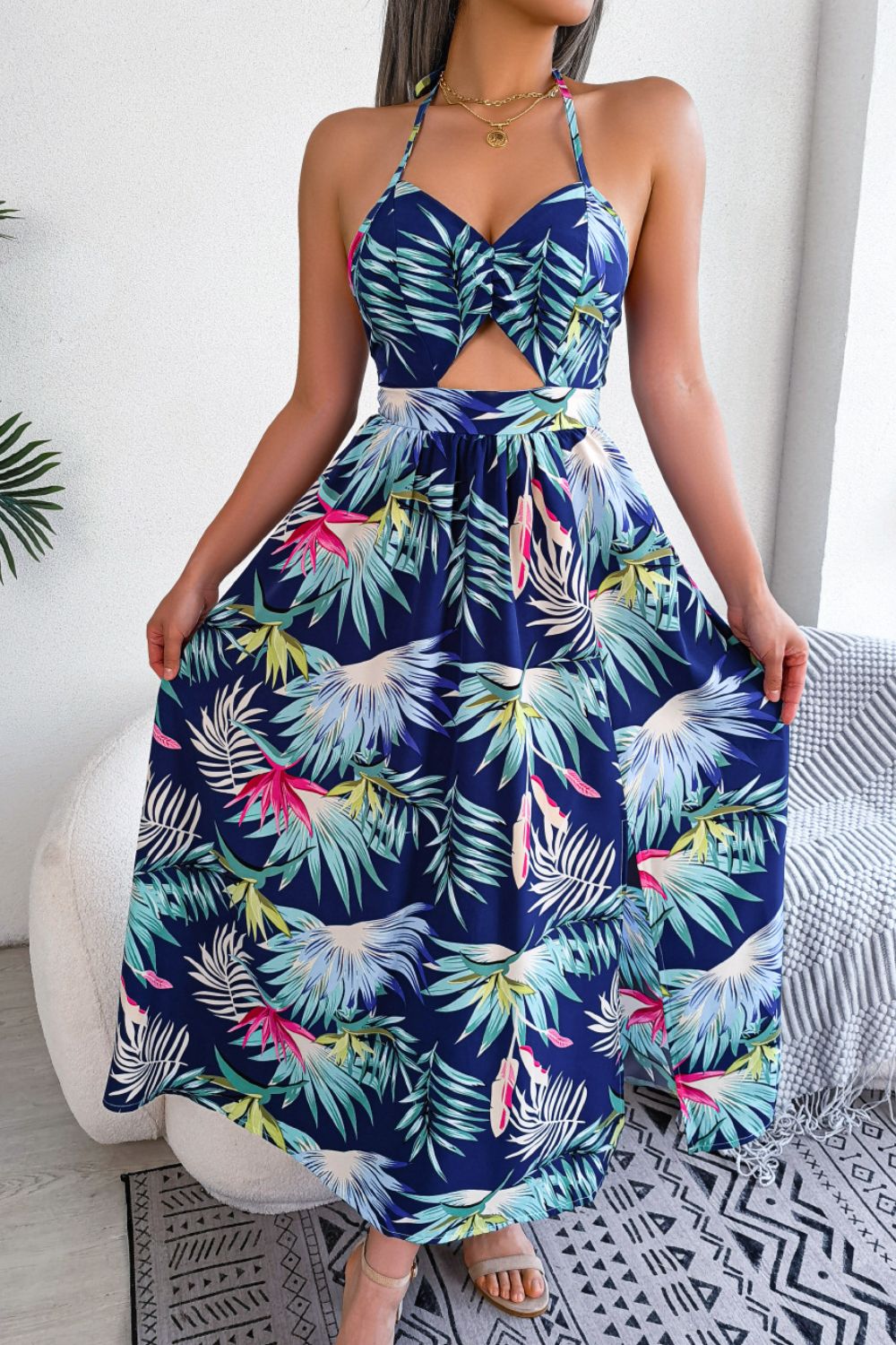 PRE-ORDER Botanical Print Tied Backless Cutout Slit Dress - Cheeky Chic Boutique