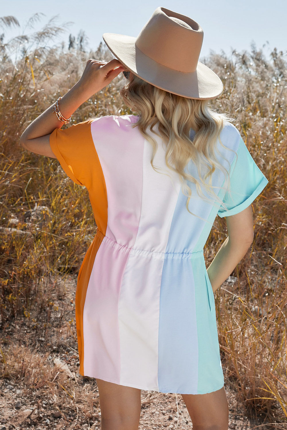 PRE-ORDER Multicolored Drawstring Waist V-Neck Dress - Cheeky Chic Boutique