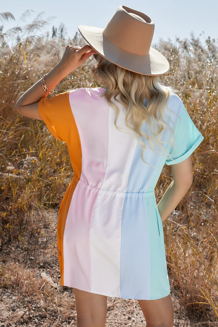 PRE-ORDER Multicolored Drawstring Waist V-Neck Dress - Cheeky Chic Boutique
