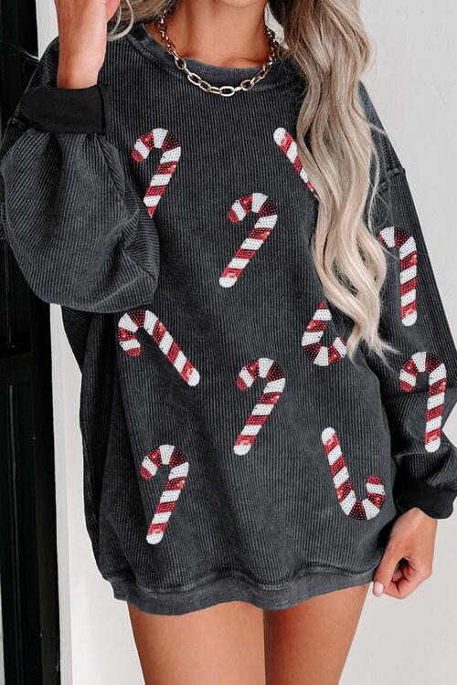 Sequin Candy Cane Wishes Sweatshirt - Cheeky Chic Boutique