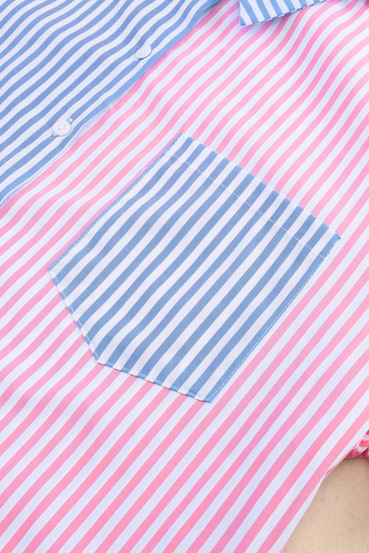 Striped Two-Tone Long Sleeve Shirt with Pocket - Cheeky Chic Boutique