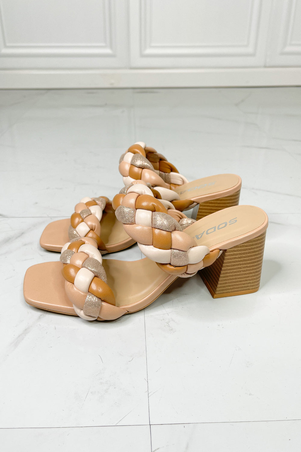 SODA Interwoven Ideas Braided Strap Block Heel Slide Sandal in Nude - Cheeky Chic Boutique