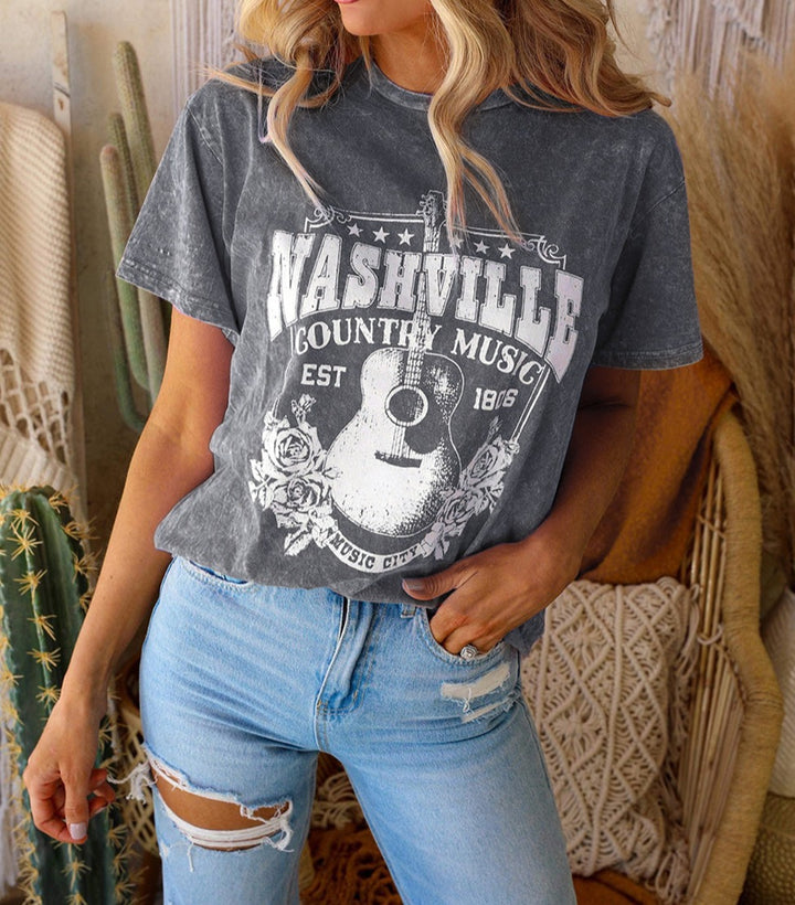 NASHVILLE COUNTRY MUSIC Graphic Round Neck Tee Shirt - Cheeky Chic Boutique