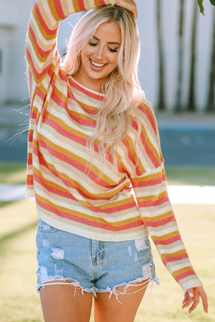 Striped Round Neck Dropped Shoulder Pullover Sweater - Cheeky Chic Boutique