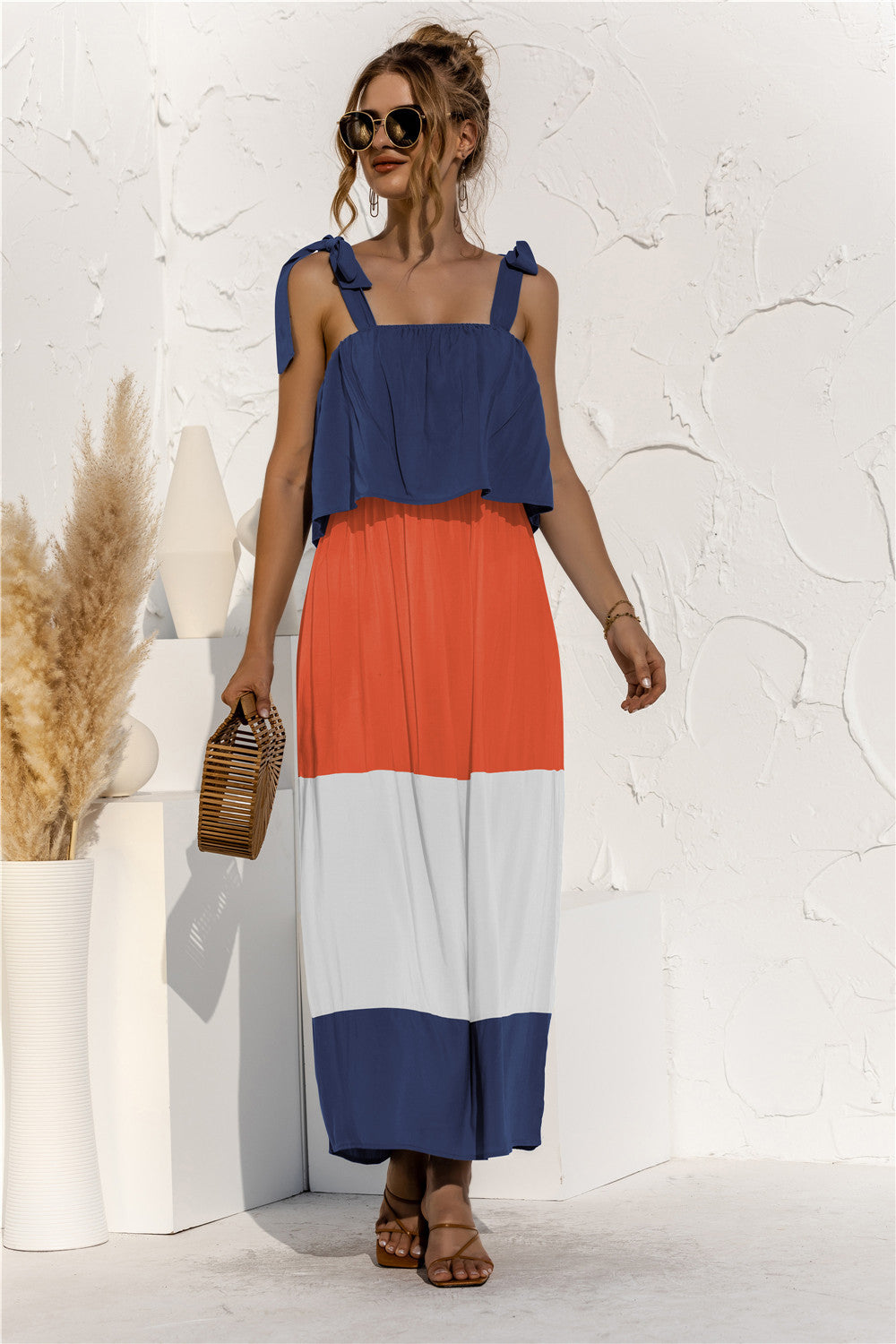 PRE-ORDER Color Block Tie Shoulder Tiered Sleeveless Dress - Cheeky Chic Boutique