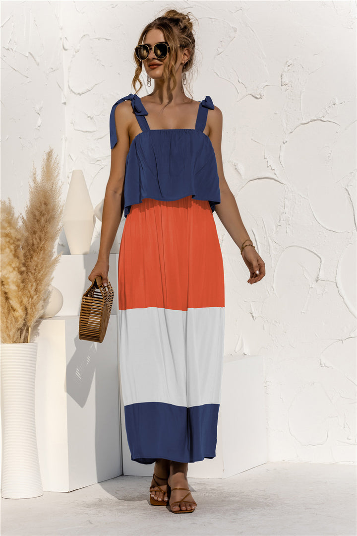 PRE-ORDER Color Block Tie Shoulder Tiered Sleeveless Dress - Cheeky Chic Boutique