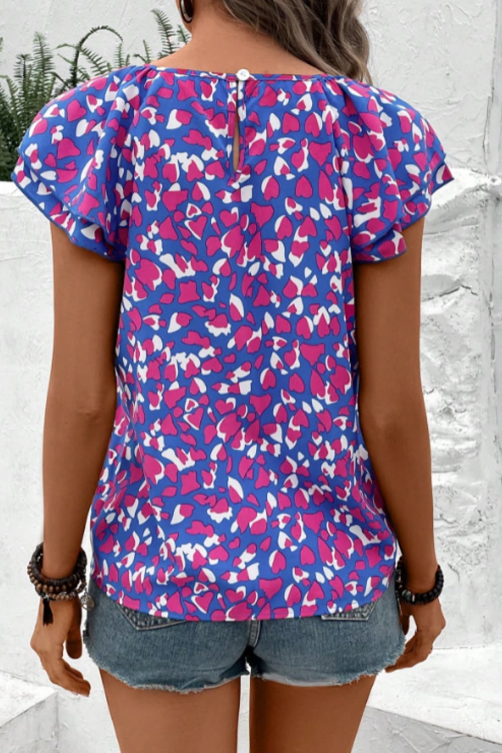 Printed Round Neck Flutter Sleeve Blouse - Cheeky Chic Boutique