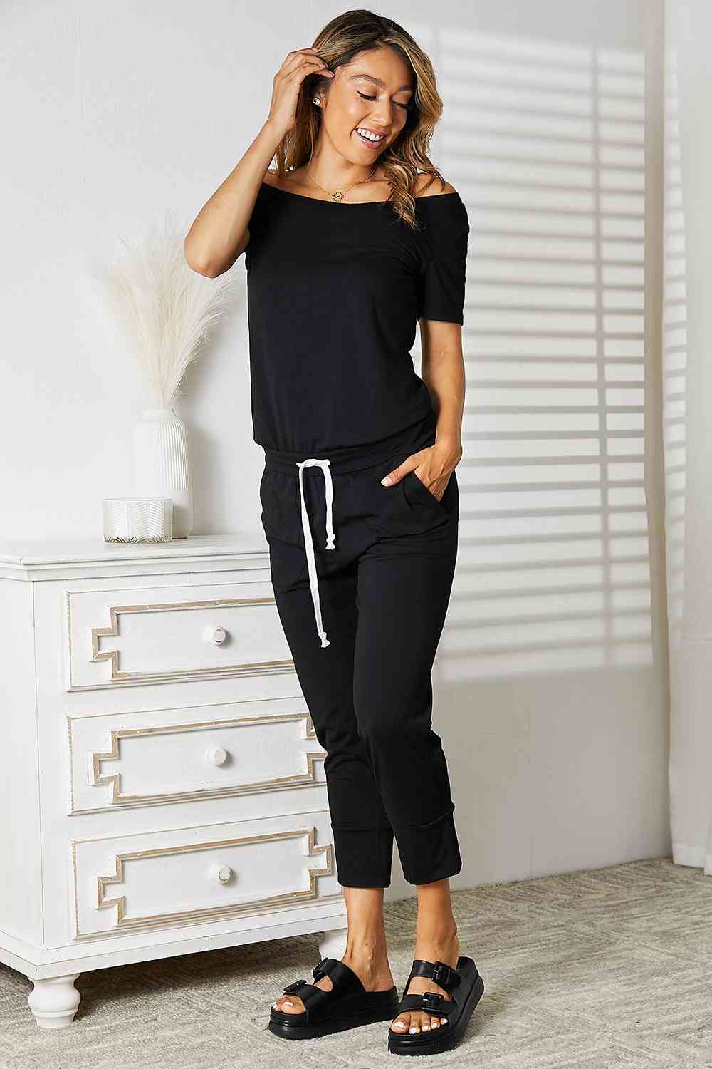 Double Take Asymmetrical Neck Tied Jumpsuit with Pockets - Cheeky Chic Boutique