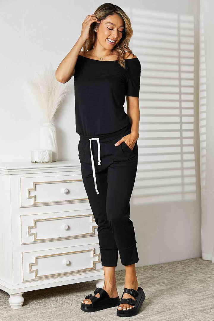 Double Take Asymmetrical Neck Tied Jumpsuit with Pockets - Cheeky Chic Boutique