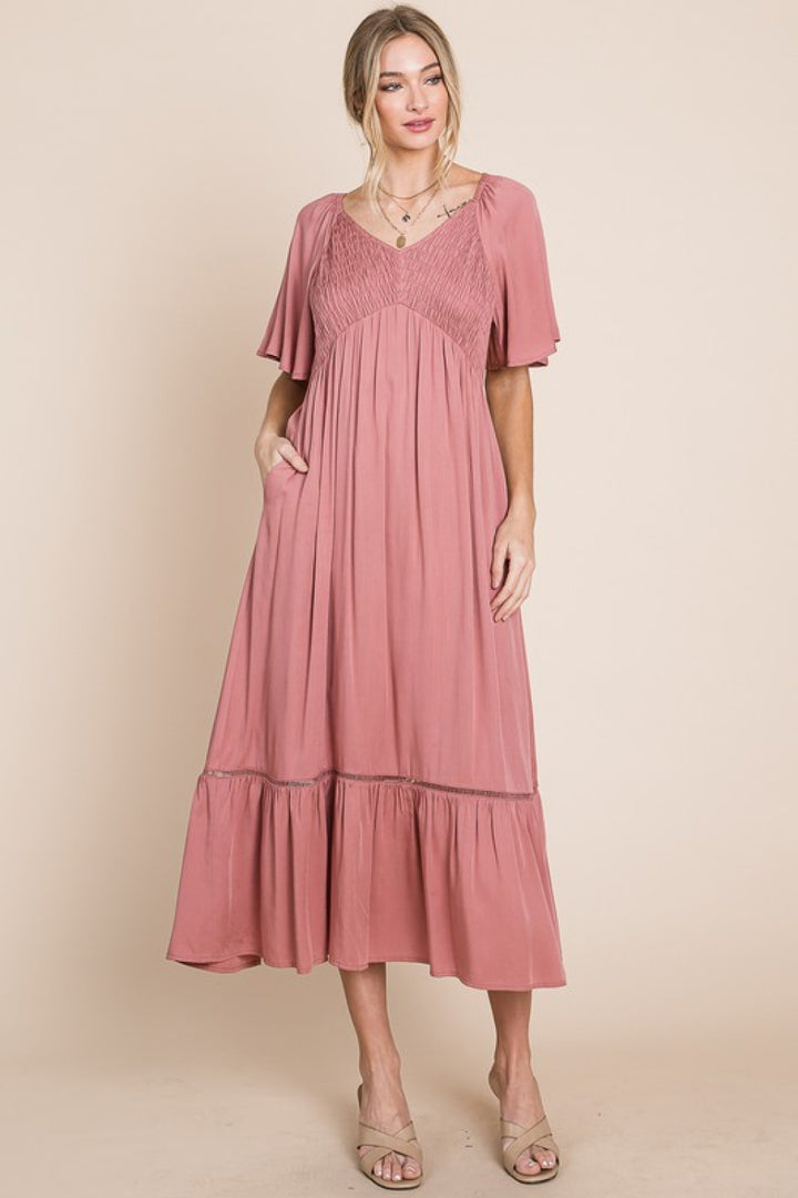 HEYSON Full Size Smocked Pocket Midi Dress in Rouge Pink - Cheeky Chic Boutique