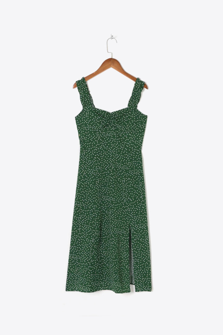 Time of Your Life Polka Dot Ruffle Strap Slit Dress - Cheeky Chic Boutique