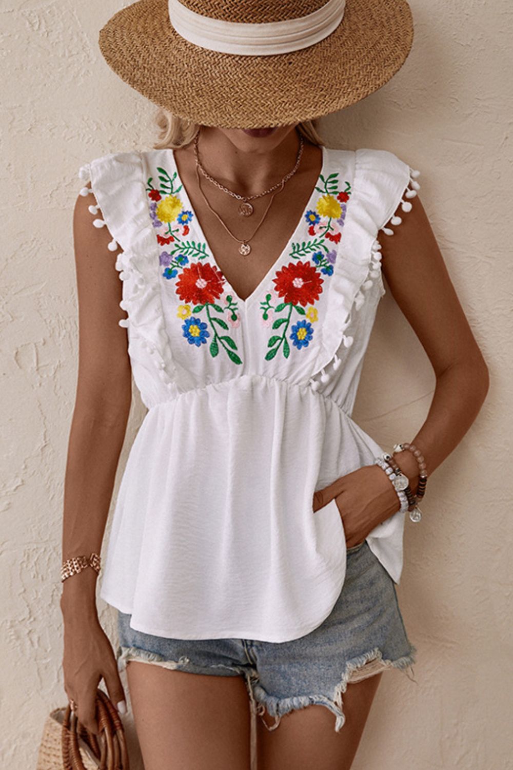 Embroidered Pom-Pom Trim Cap Sleeve Babydoll Top - Cheeky Chic Boutique