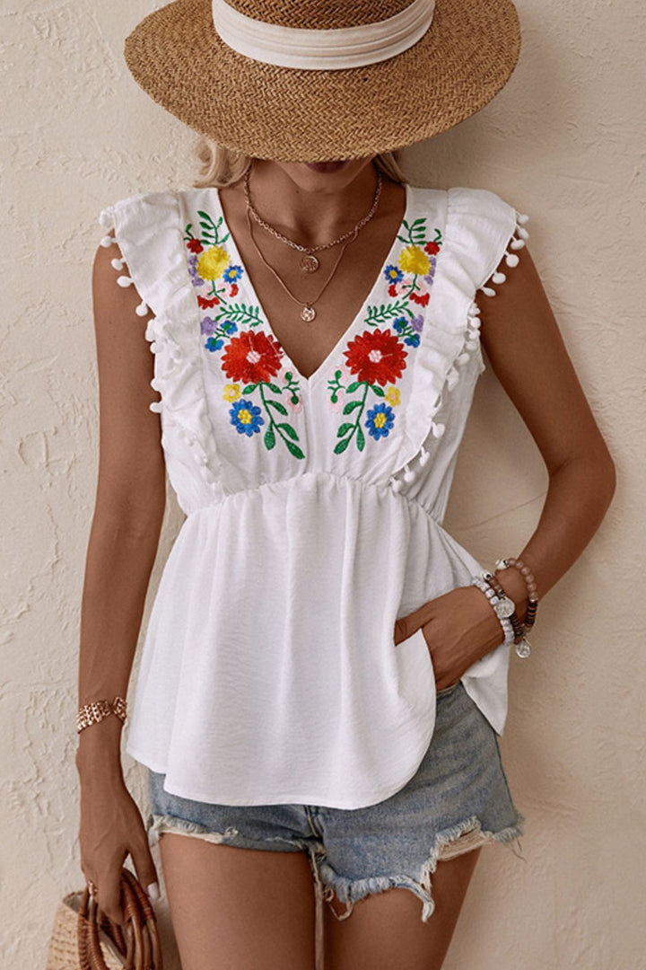 Embroidered Pom-Pom Trim Cap Sleeve Babydoll Top - Cheeky Chic Boutique