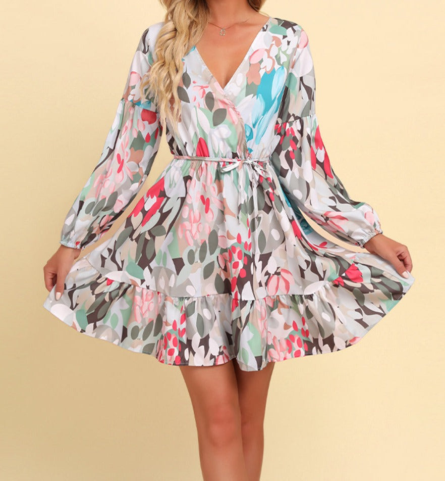 PRE-ORDER Full Size Printed Tie-Waist Puff Sleeve Surplice Dress - Cheeky Chic Boutique
