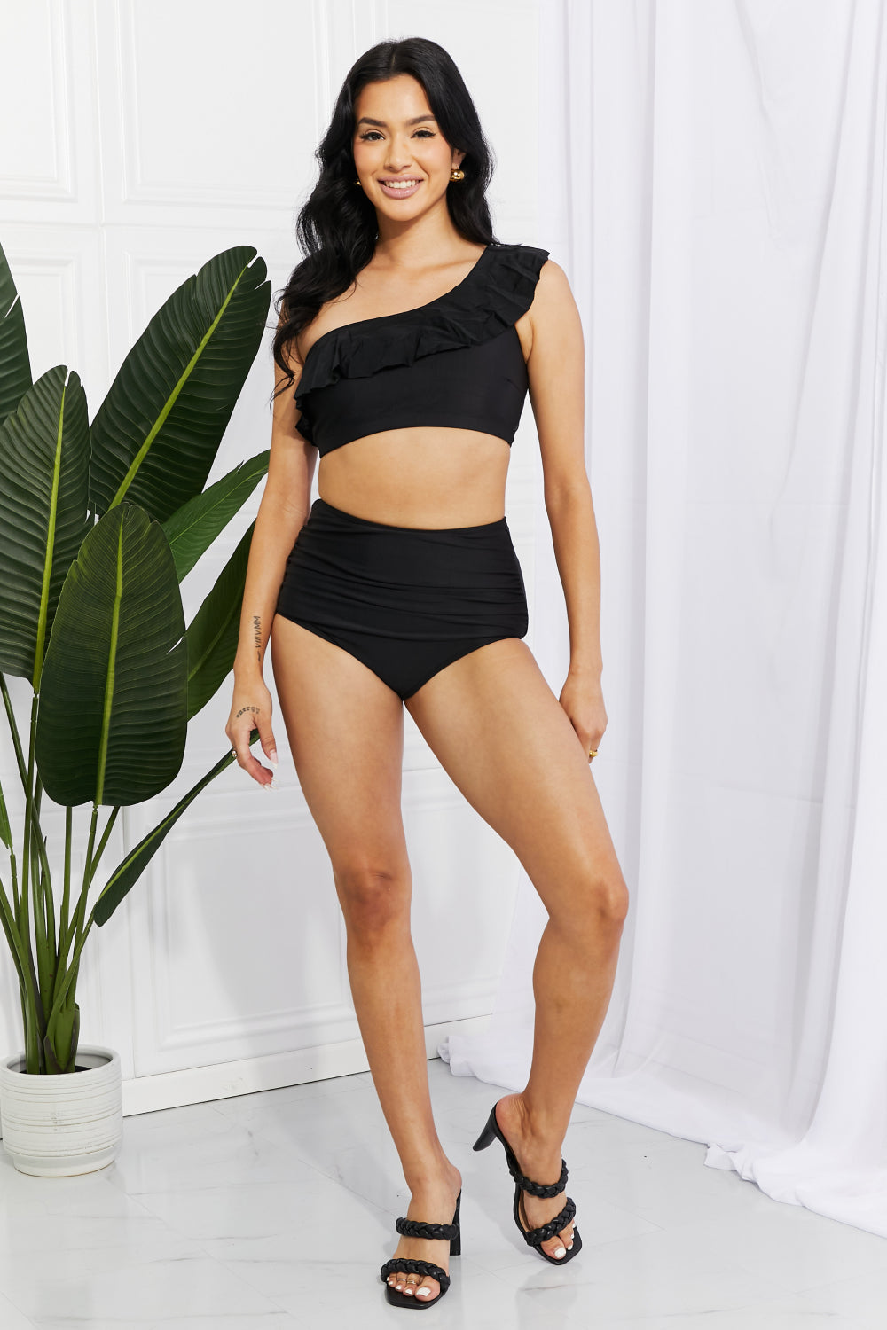 Marina West Swim Seaside Romance Ruffle One-Shoulder Bikini in Black - Cheeky Chic Boutique