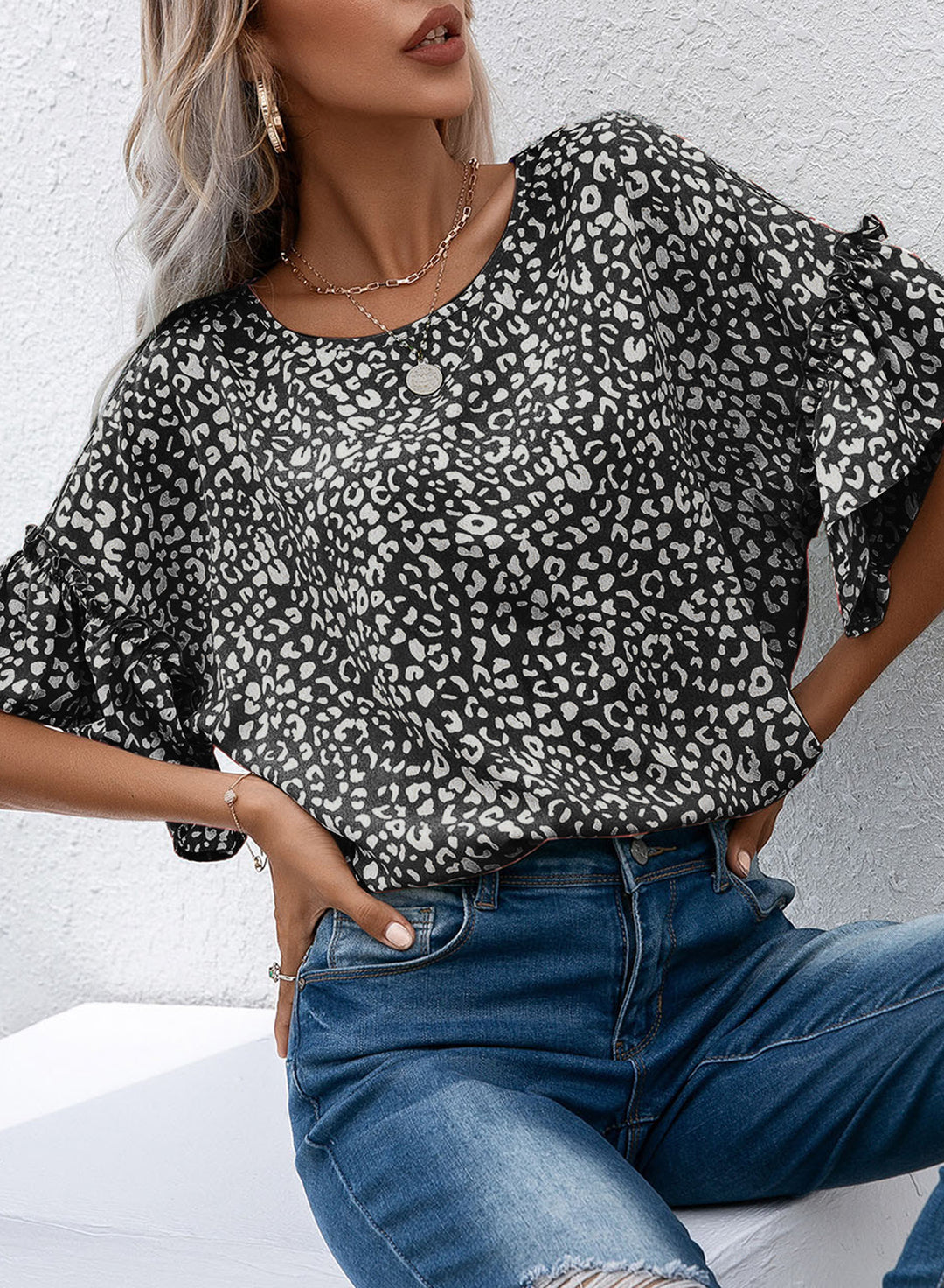 Leopard Round Neck Frill Trim Blouse - Cheeky Chic Boutique