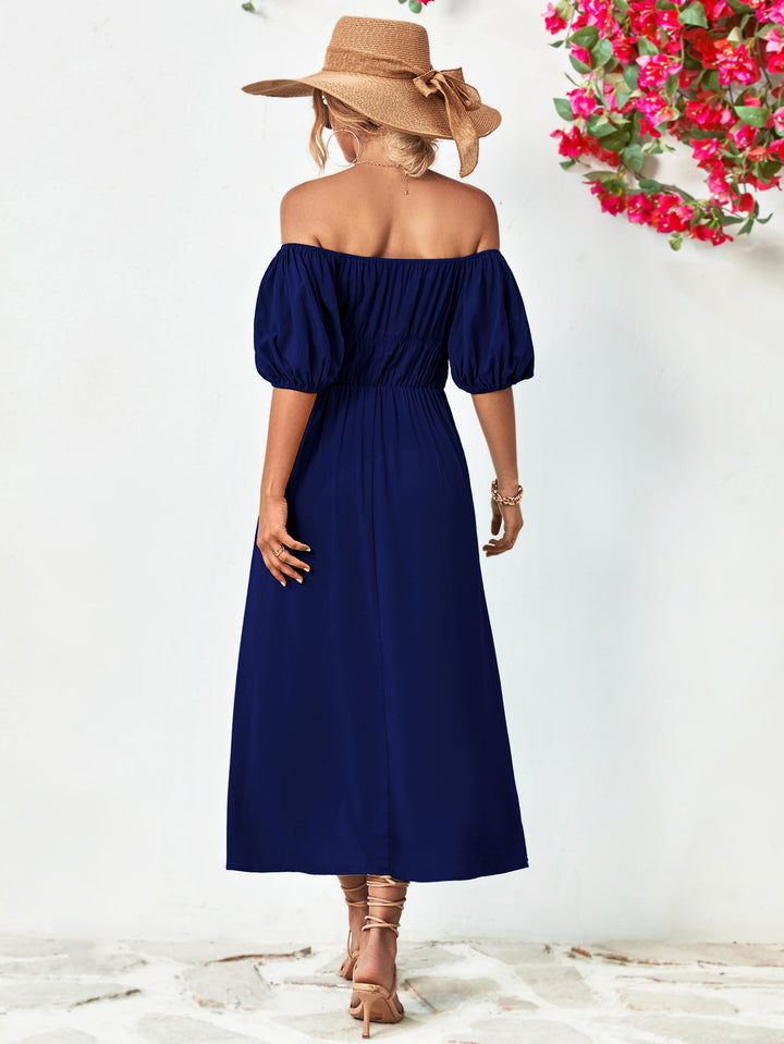 Off-Shoulder Balloon Sleeve Midi Dress - Cheeky Chic Boutique