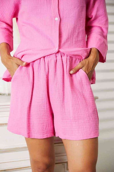 Double Take Textured Shirt and Elastic Waist Shorts Set - Cheeky Chic Boutique
