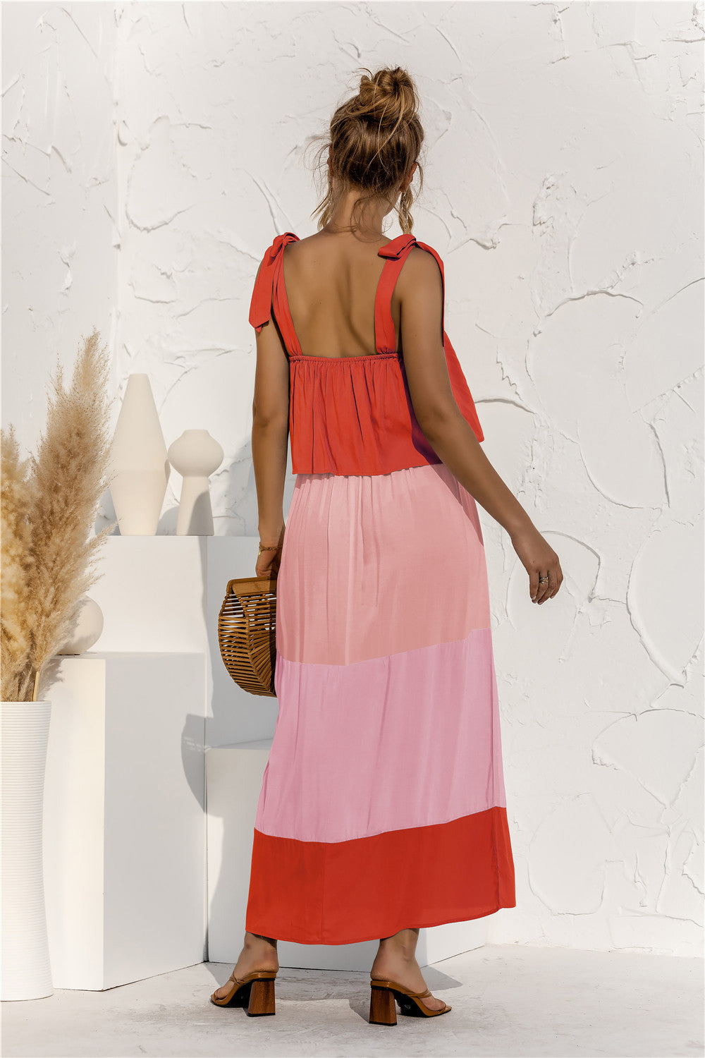 PRE-ORDER Color Block Tie Shoulder Tiered Sleeveless Dress - Cheeky Chic Boutique