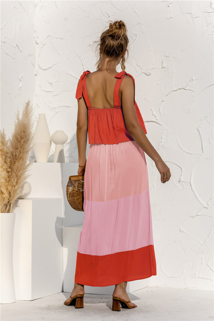PRE-ORDER Color Block Tie Shoulder Tiered Sleeveless Dress - Cheeky Chic Boutique
