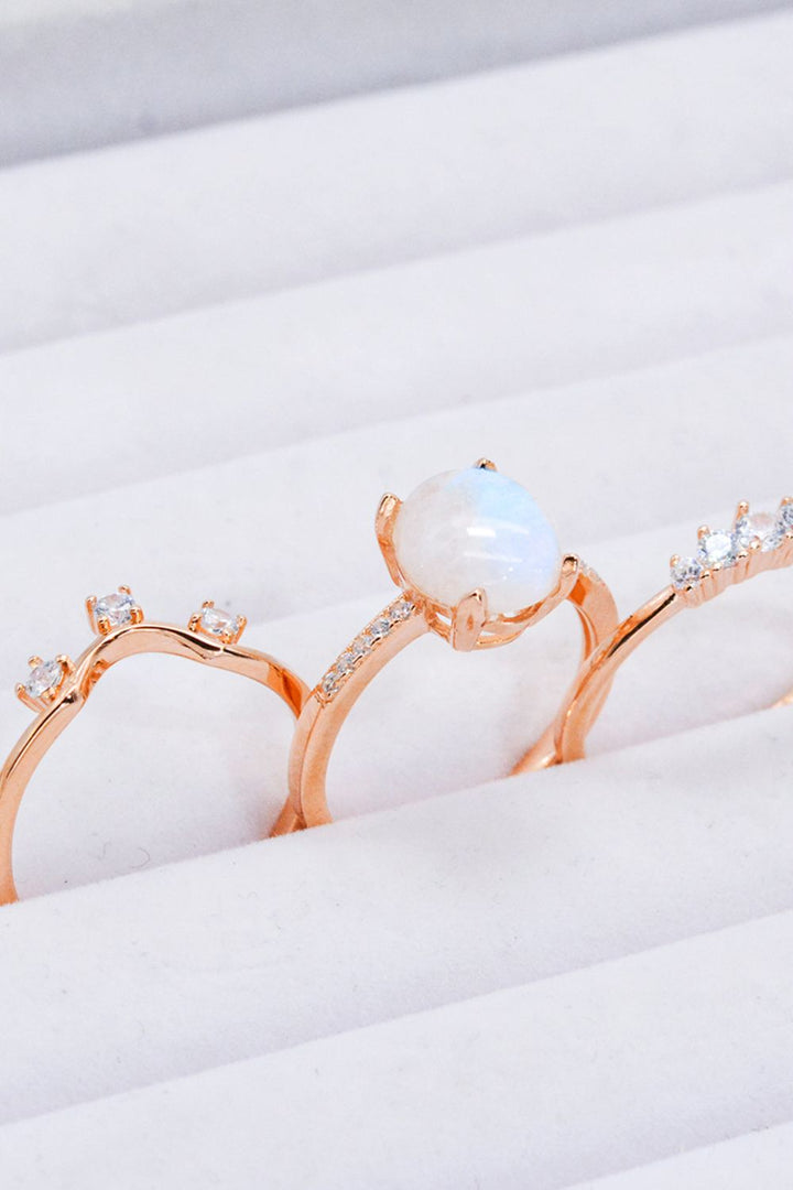 Natural Moonstone and Zircon Three-Piece Ring Set - Cheeky Chic Boutique