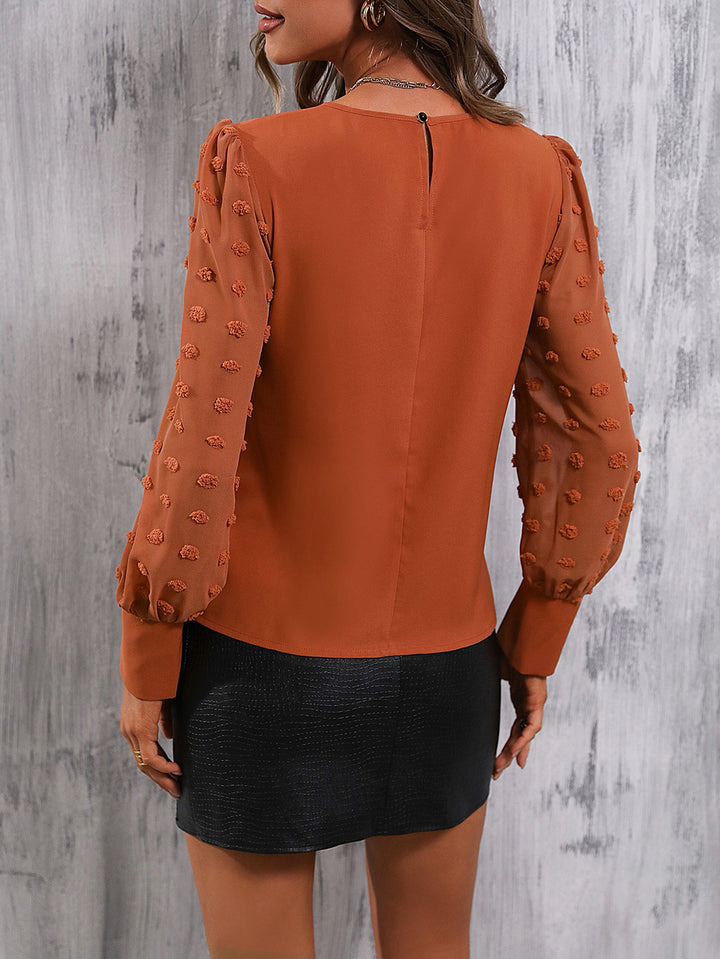 Swiss Dot Lantern Sleeve Round Neck Blouse - Cheeky Chic Boutique