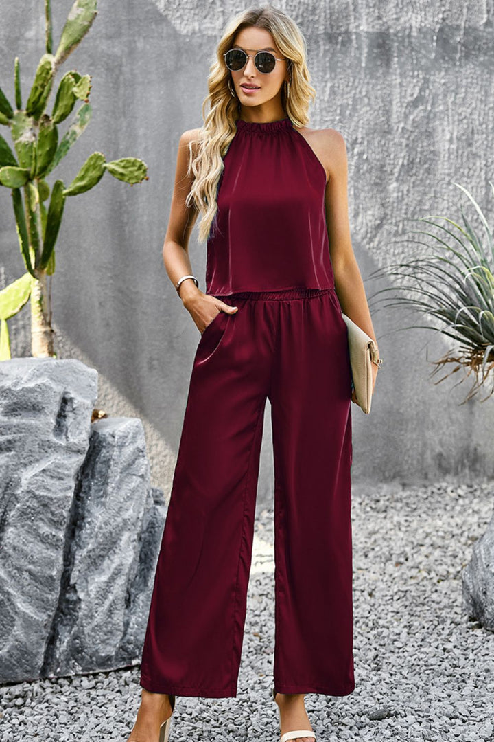 Grecian Neck Sleeveless Pocketed Top and Pants Set - Cheeky Chic Boutique