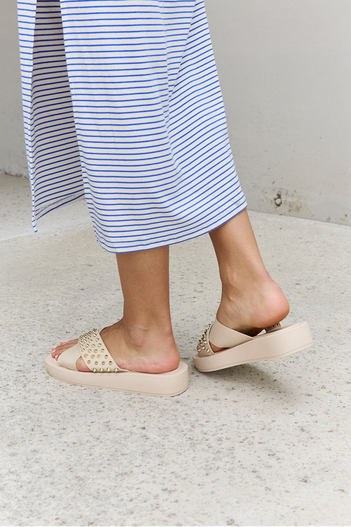 Forever Link Studded Cross Strap Sandals in Cream - Cheeky Chic Boutique