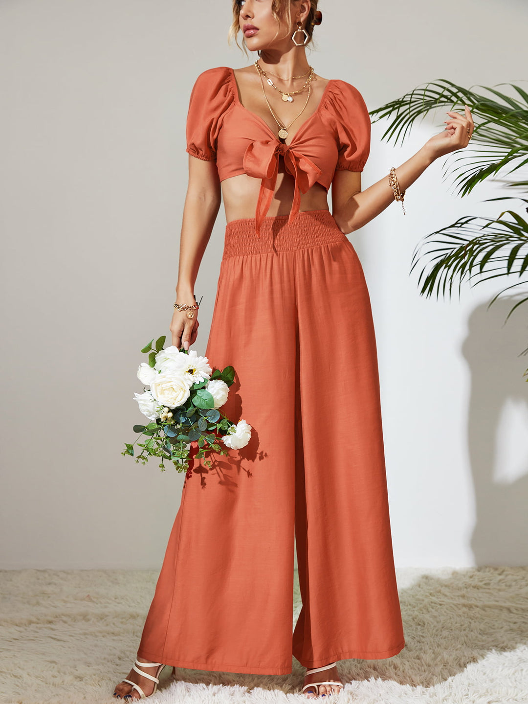 Tie Front Cropped Top and Smocked Wide Leg Pants Set - Cheeky Chic Boutique