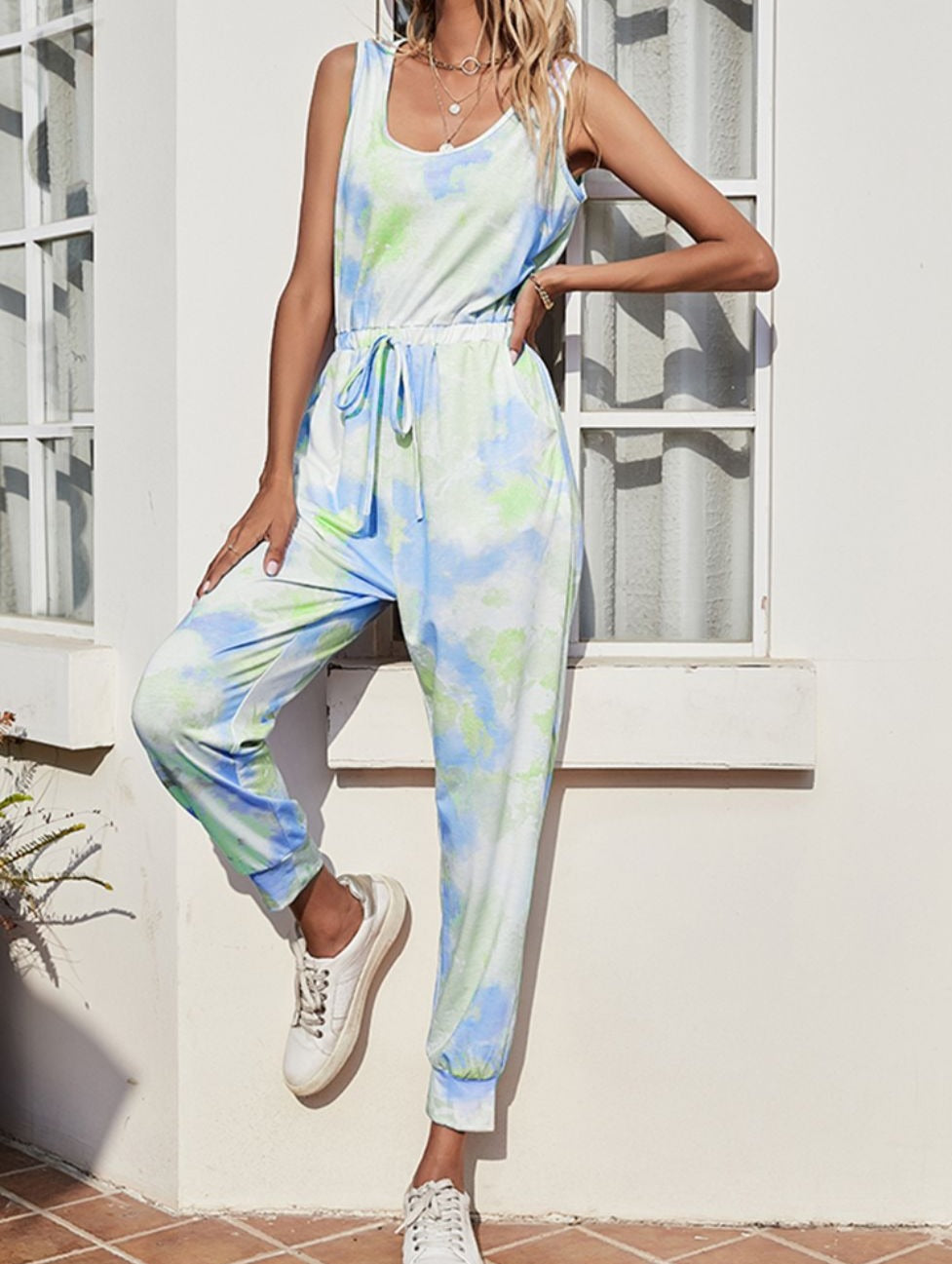 Tie-Dye Scoop Neck Sleeveless Jumpsuit - Cheeky Chic Boutique