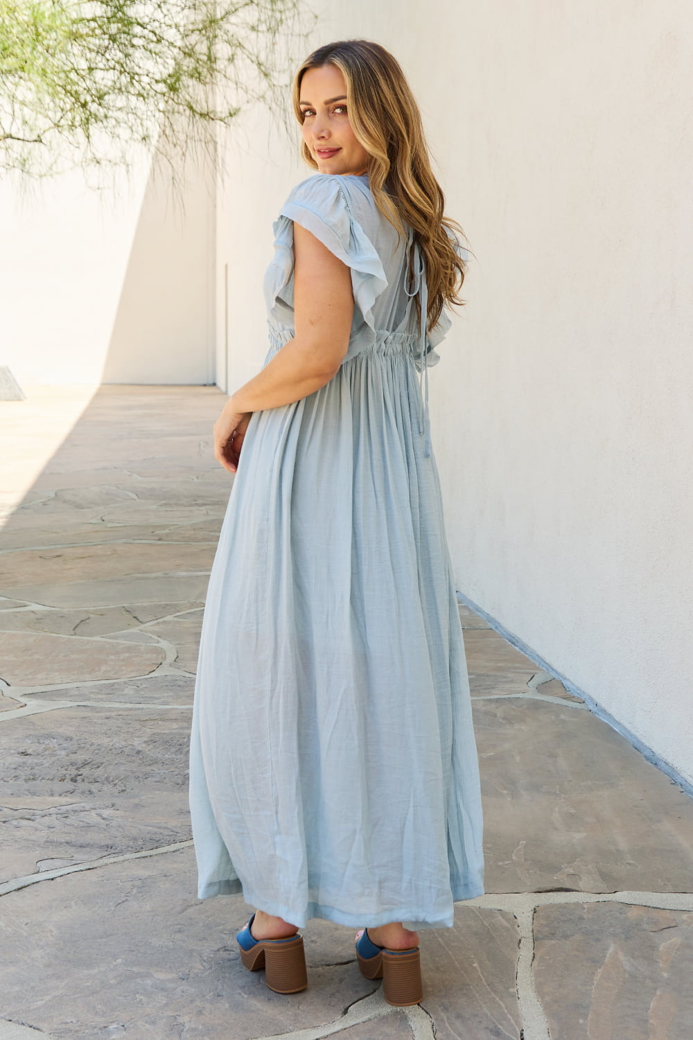 Sweet Lovely By Jen Full Size Drawstring Deep V Butterfly Sleeve Maxi Dress - Cheeky Chic Boutique