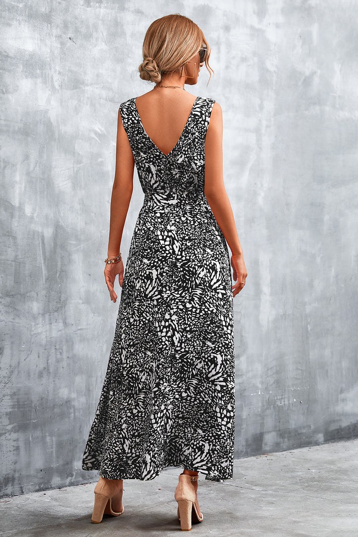 Printed V-Neck Tie Waist Maxi Dress - Cheeky Chic Boutique