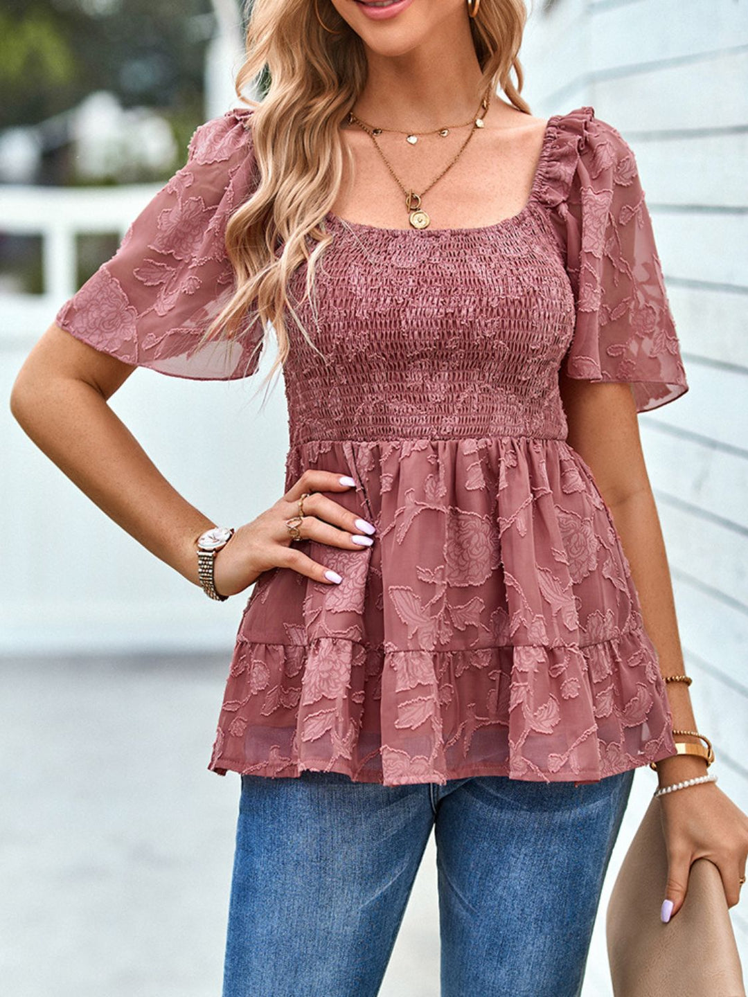 Smocked Square Neck Babydoll Blouse - Cheeky Chic Boutique