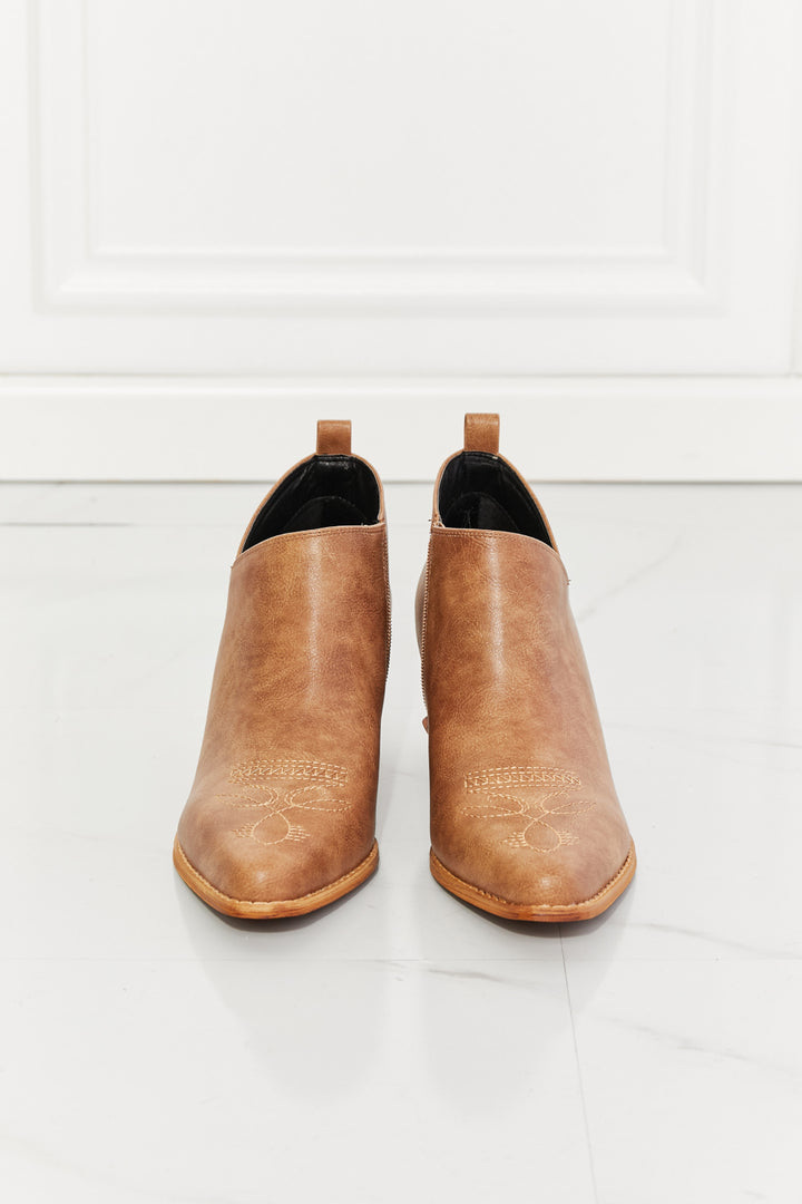 MMShoes Trust Yourself Embroidered Crossover Cowboy Bootie in Caramel - Cheeky Chic Boutique