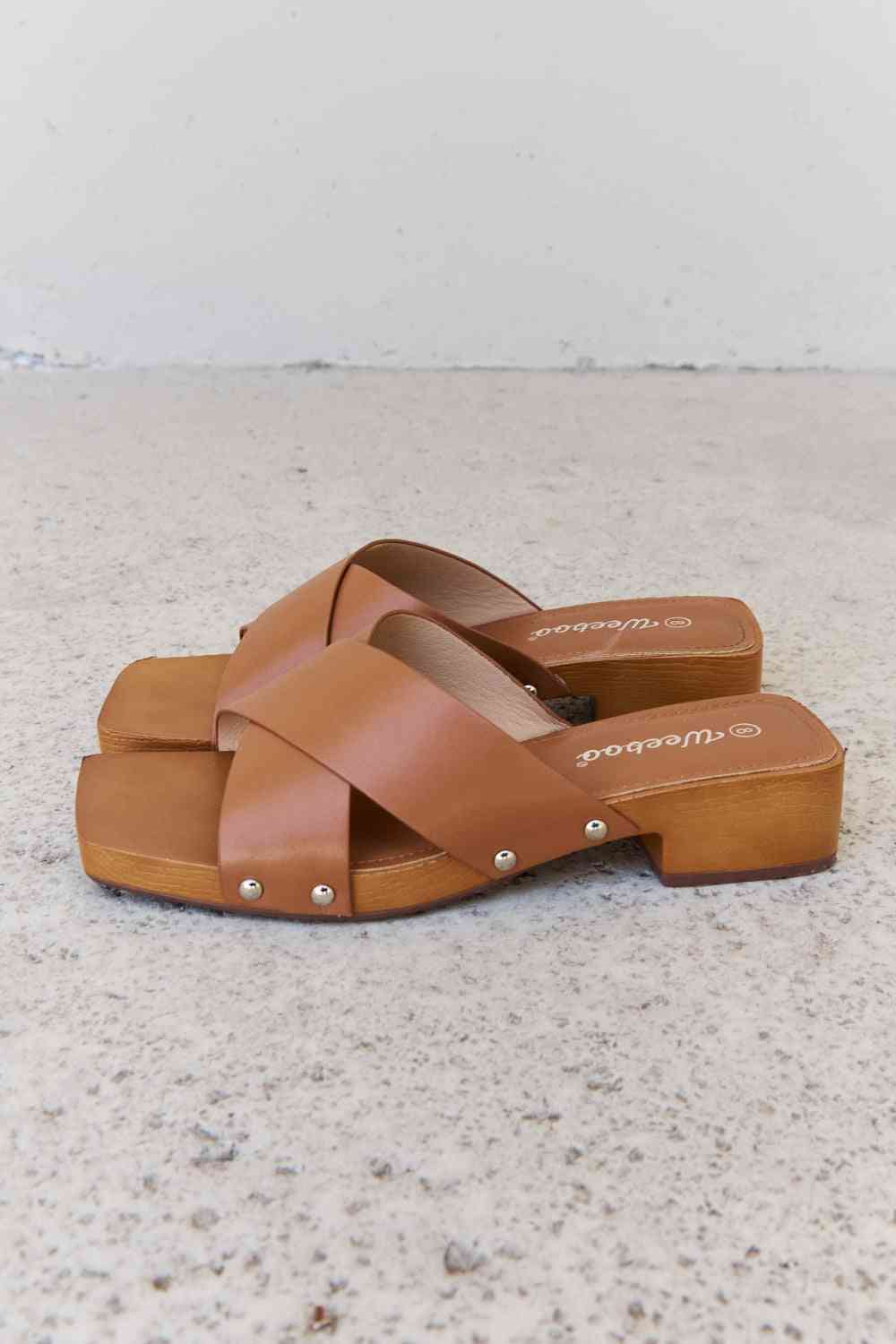Weeboo Step Into Summer Criss Cross Wooden Clog Mule in Brown - Cheeky Chic Boutique