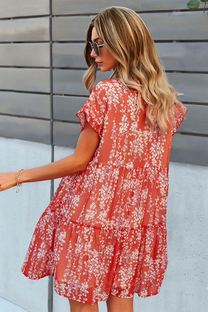 Printed V-Neck Short Sleeve Tiered Dress - Cheeky Chic Boutique