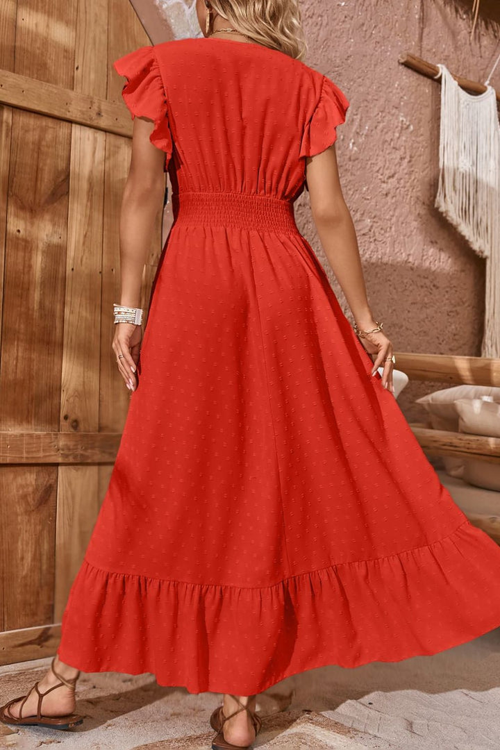 Swiss Dot V-Neck Flutter Sleeve Dress - Cheeky Chic Boutique