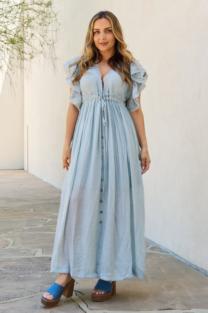 Sweet Lovely By Jen Full Size Drawstring Deep V Butterfly Sleeve Maxi Dress - Cheeky Chic Boutique