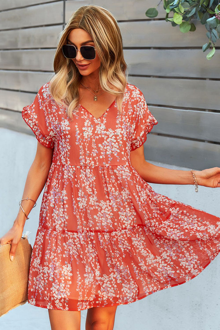 Printed V-Neck Short Sleeve Tiered Dress - Cheeky Chic Boutique