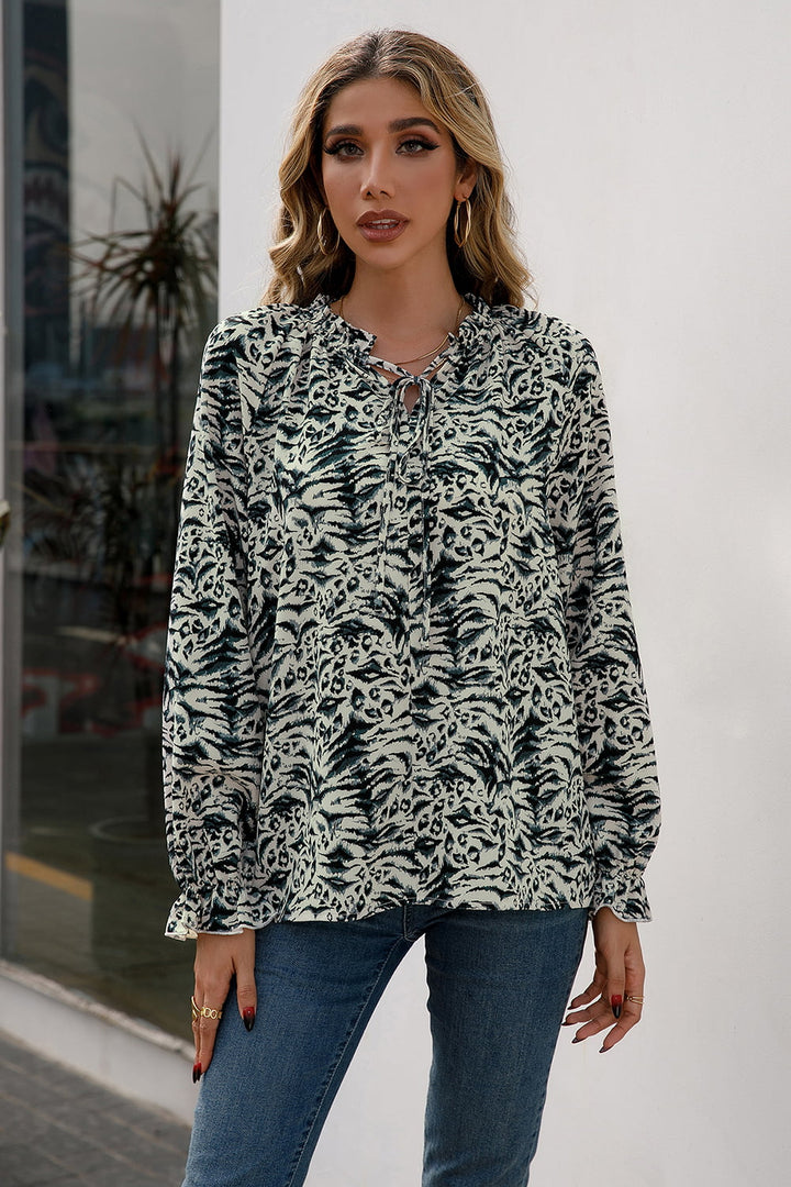 Printed Tie Neck Frill Trim Flounce Sleeve Blouse - Cheeky Chic Boutique