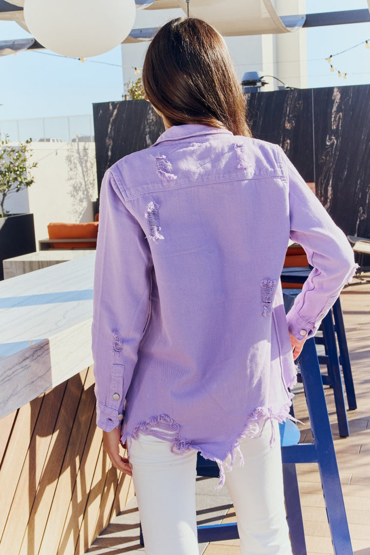 American Bazi Full Size Distressed Button Down Denim Jacket in Lavender - Cheeky Chic Boutique