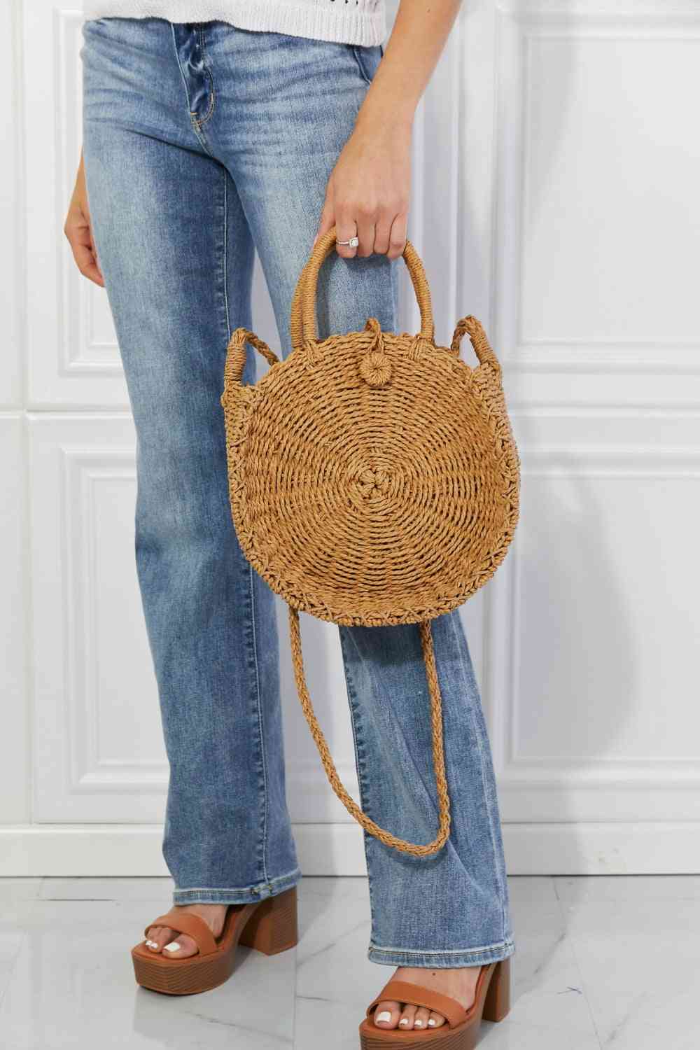 Justin Taylor Feeling Cute Rounded Rattan Handbag in Camel - Cheeky Chic Boutique