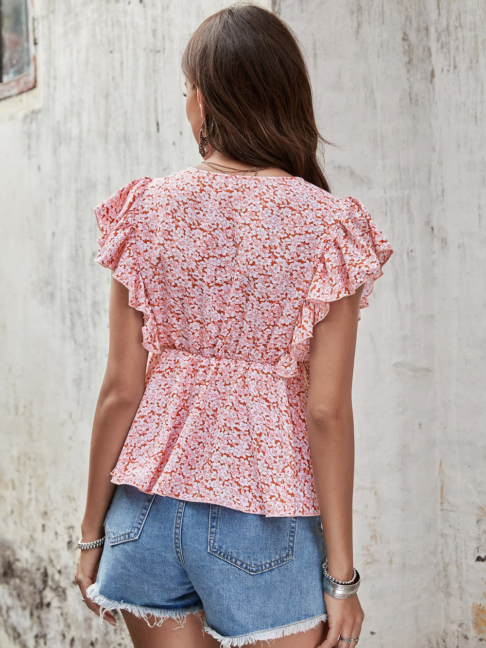 Floral Butterfly Sleeve V-Neck Peplum Blouse - Cheeky Chic Boutique