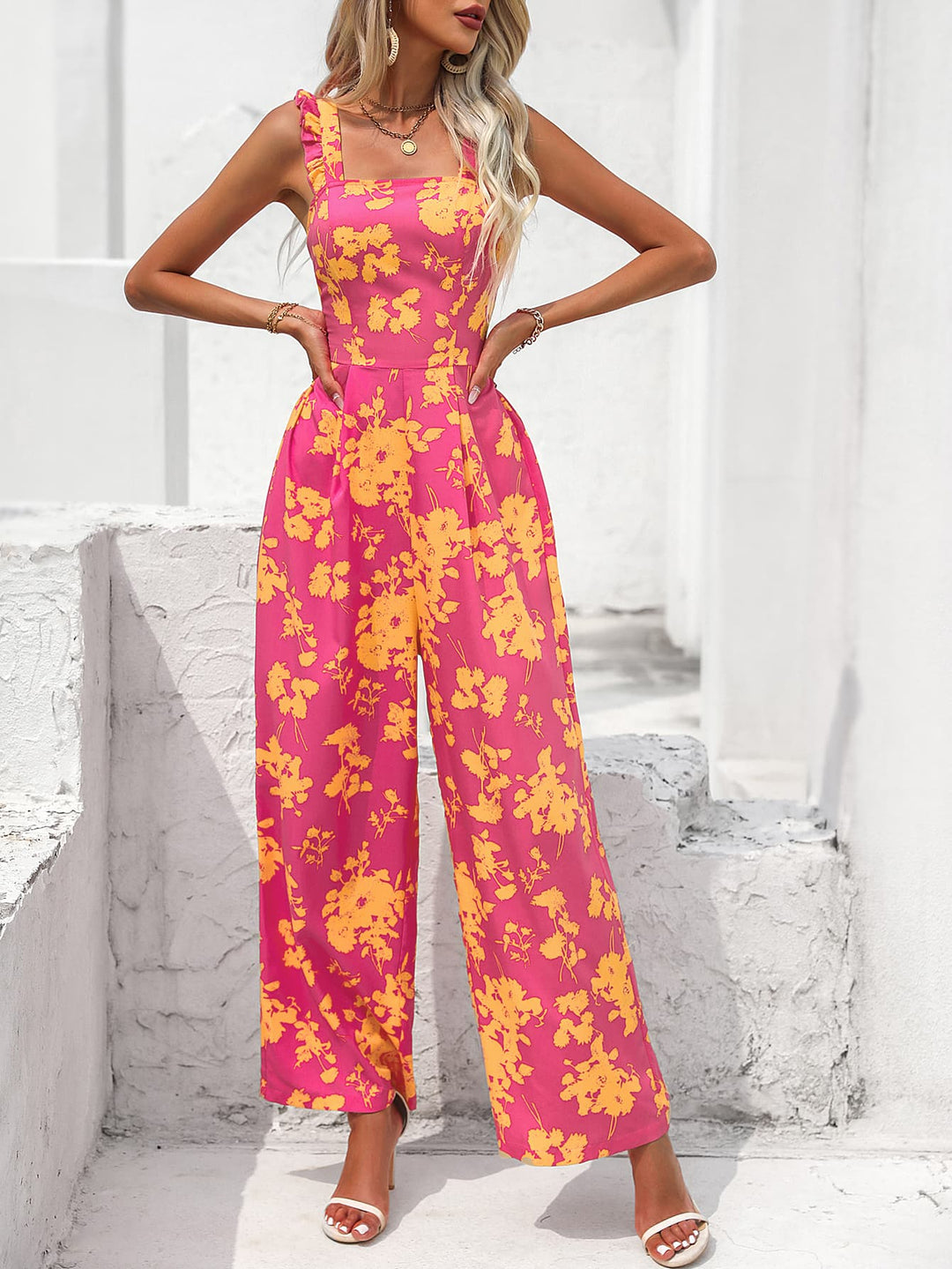Floral Square Neck Cutout Tie Back Jumpsuit - Cheeky Chic Boutique